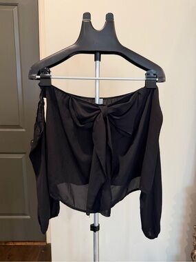 Black Off Shoulder Tie Front Blouse Small Sheer Long Sleeve Top